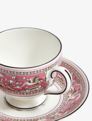 WEDGWOOD FLORENTINE FUCHSIA BONE-CHINA TEACUP AND SAUCER 