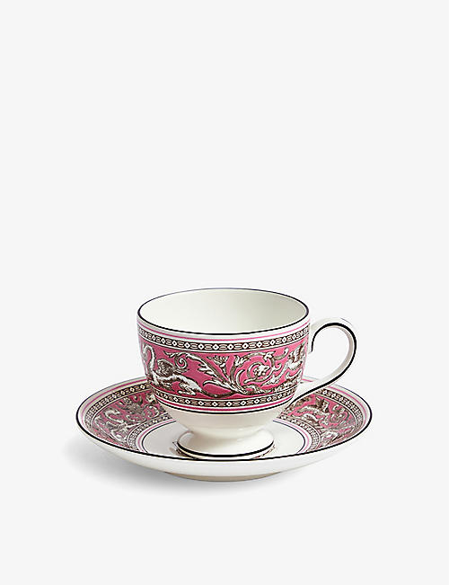 WEDGWOOD: Florentine Fuchsia bone-chine teacup and saucer