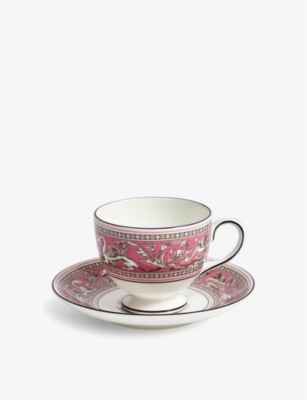 WEDGWOOD FLORENTINE FUCHSIA BONE-CHINA TEACUP AND SAUCER 