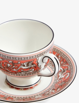 WEDGWOOD FLORENTINE SALMON BONE-CHINA TEACUP AND SAUCER 
