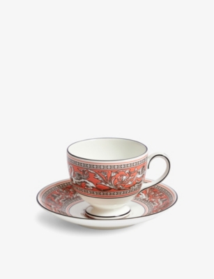 WEDGWOOD FLORENTINE SALMON BONE-CHINA TEACUP AND SAUCER 