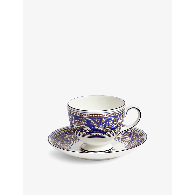 Wedgwood Florentine Marine Bone-china Teacup And Saucer In Blue