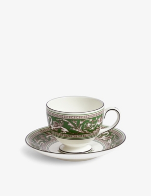 WEDGWOOD: Florentine Verde bone-china teacup and saucer