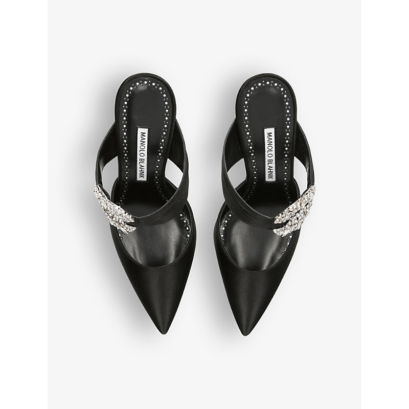 Shop Manolo Blahnik Womens Black Maidugura Crystal-embellished Satin Heeled Mules