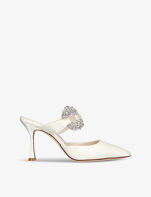 MANOLO BLAHNIK: Maidugura 90 crystal-embellished satin heeled mules