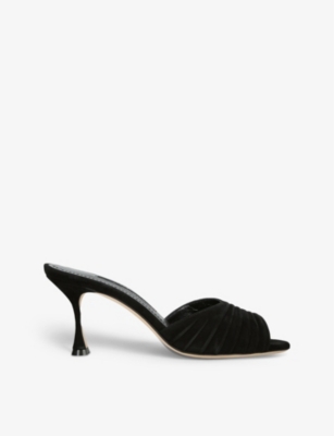 MANOLO BLAHNIK MANOLO BLAHNIK WOMEN'S BLACK PIRUA RUCHED SUEDE HEELED MULES