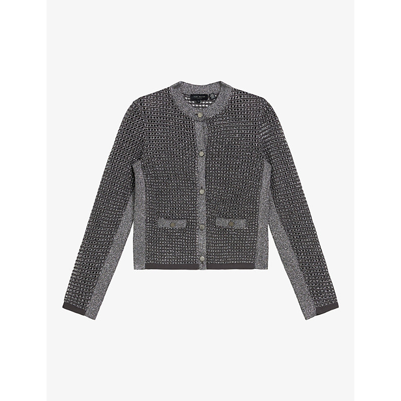Shop Ted Baker Sallyan Metallic-knitted Jacket In Gunmetal
