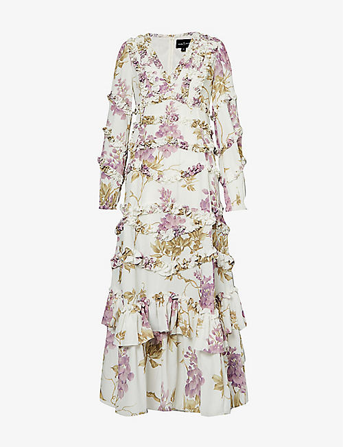 NEEDLE AND THREAD: Wisteria floral-print ruffle-trim woven maxi dress