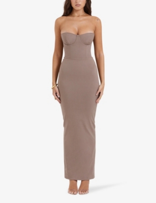 House Of Cb Womens Taupe Lucia Corseted Stretch-woven Maxi Dress In Taupe