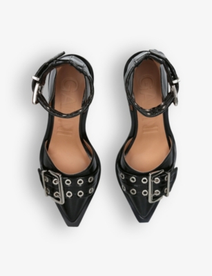 Shop Ganni Women's Black Buckle-embellished Pointed-toe Patent Heeled Pumps