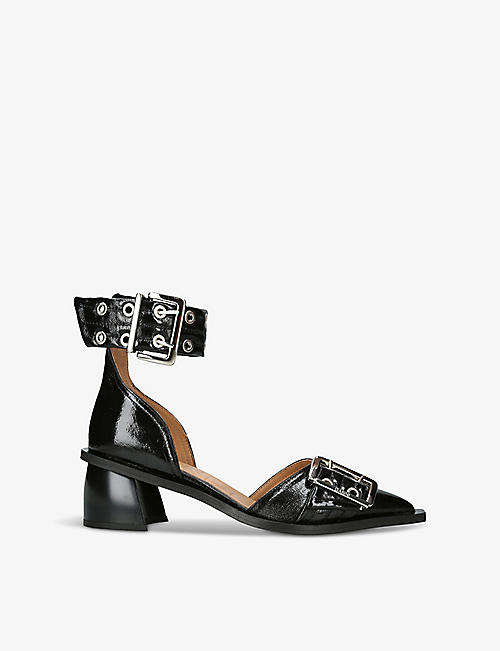 GANNI: Buckle-embellished pointed-toe patent heeled pumps