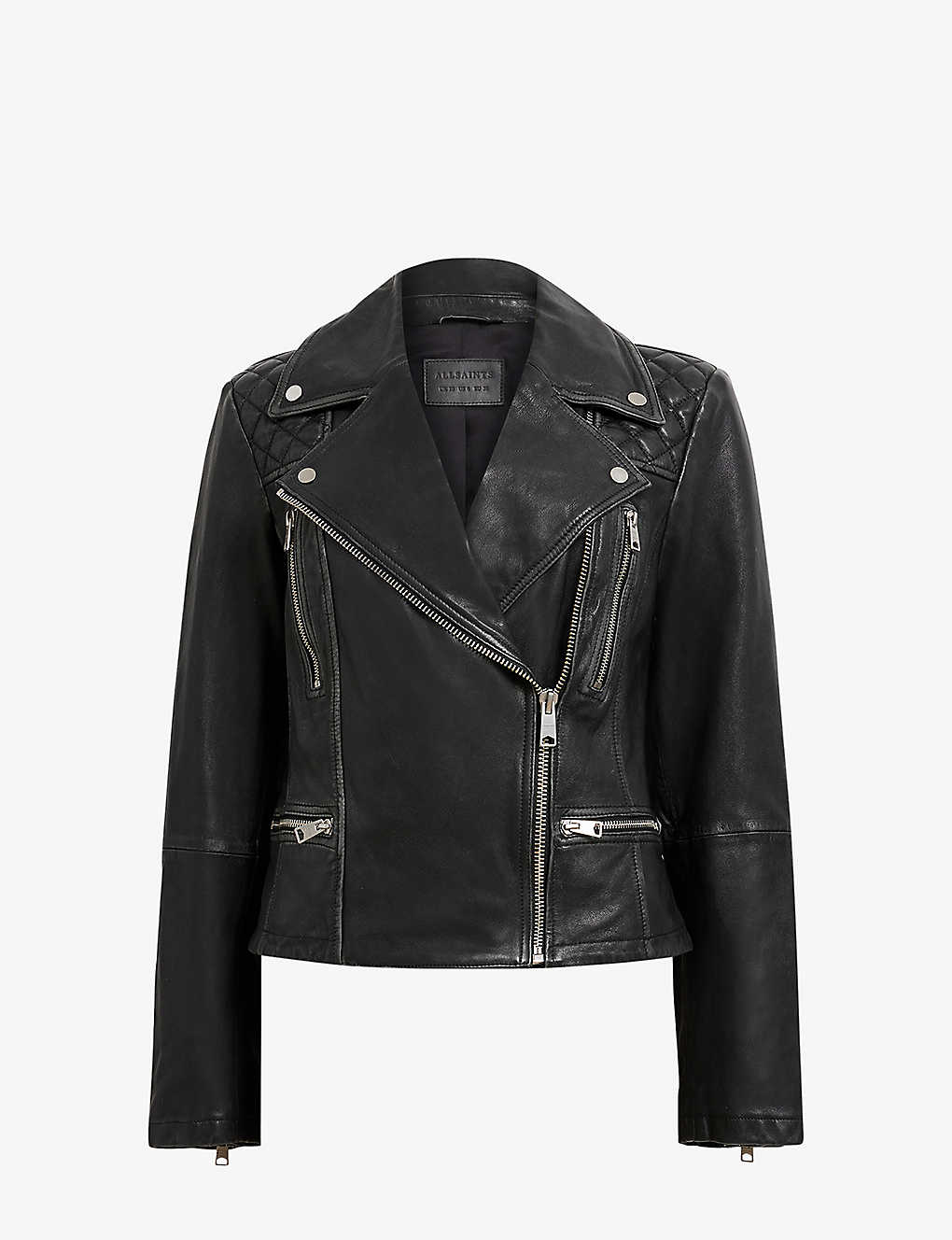 Shop Allsaints Cargo Quilted-shoulder Distressed-leather Biker Jacket In Black/grey