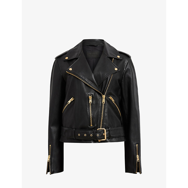Shop Allsaints Womens Black/gold Balfern Belted-hem Leather Biker Jacket