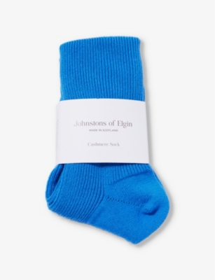 Johnstons Womens Orkney Blue Ribbed Knitted Cashmere-blend Socks