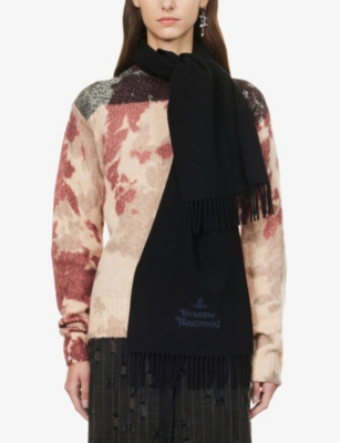 Shop Vivienne Westwood Womens Black Brand-embroidered Fringed-trim Wool Scarf