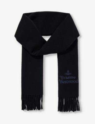 Vivienne Westwood Womens Black Brand-embroidered Fringed-trim Wool Scarf