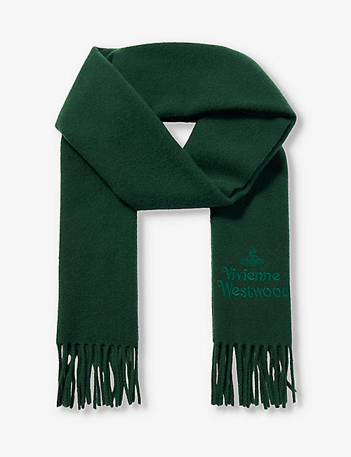 VIVIENNE WESTWOOD: Brand-embroidered fringed-trim wool scarf