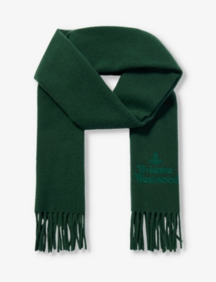 Vivienne Westwood Womens Dark Green Brand-embroidered Fringed-trim Wool Scarf