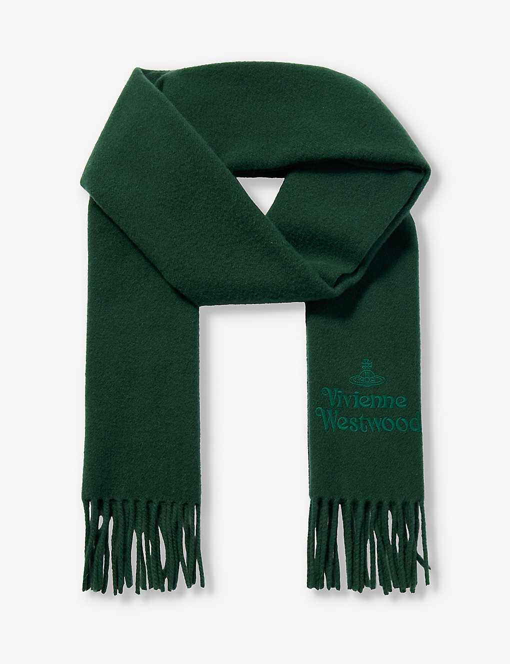 Vivienne Westwood Womens Dark Green Brand-embroidered Fringed-trim Wool Scarf
