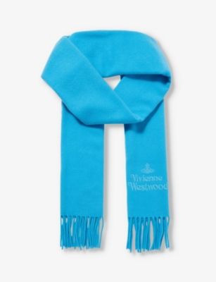 Vivienne Westwood Womens Light Blue Brand-embroidered Fringed-trim Wool Scarf