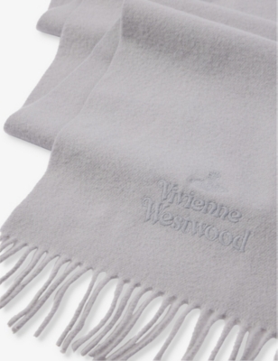 Shop Vivienne Westwood Womens Light Grey Brand-embroidered Fringed-trim Wool Scarf