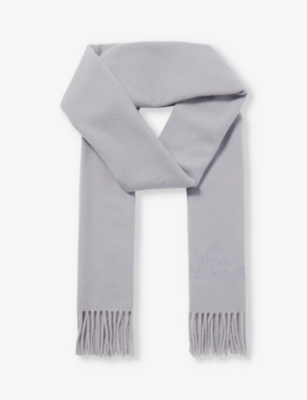 Vivienne Westwood Womens Light Grey Brand-embroidered Fringed-trim Wool Scarf