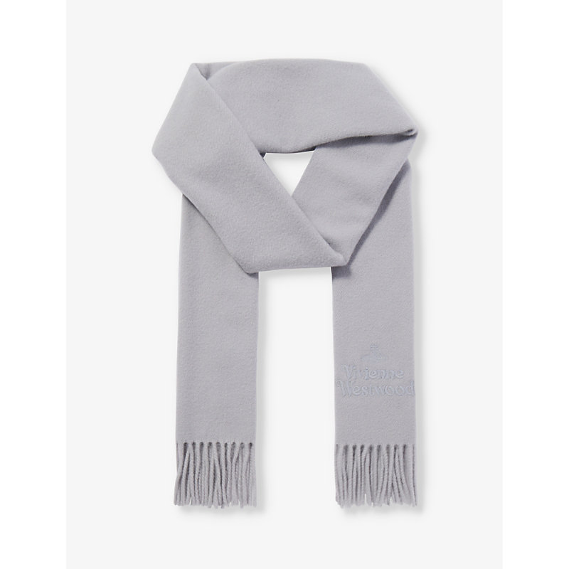 Vivienne Westwood Womens Light Grey Brand-embroidered Fringed-trim Wool Scarf