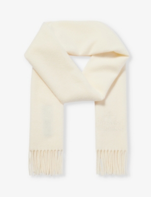 Vivienne Westwood Womens White Brand-embroidered Fringed-trim Wool Scarf