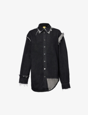 Airei Mens Washed Black Distressed-trim Oversized-fit Organic-denim Shirt In Washed Black