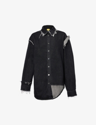 Airei Mens Washed Black Distressed-trim Oversized-fit Organic-denim Shirt