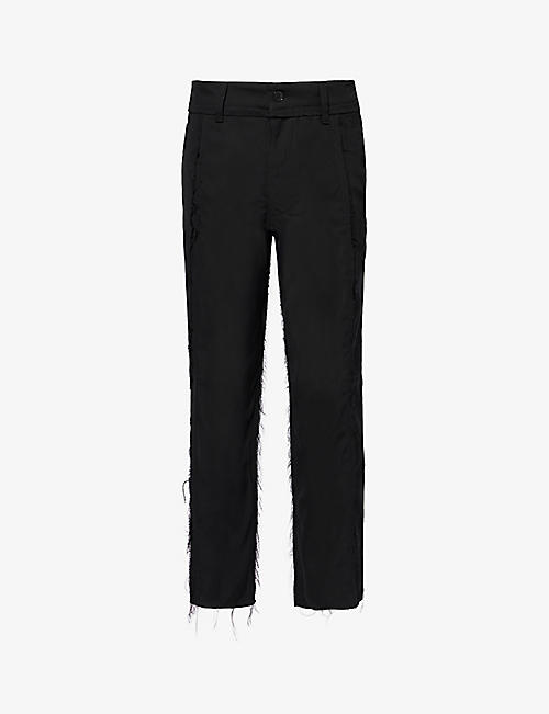AIREI: Distressed-trim panelled tapered-leg regular-fit woven trousers