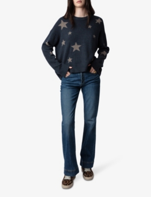 Shop Zadig & Voltaire Zadig&voltaire Women's Vert De Gris Markus Star-motif Relaxed-fit Cashmere Jumper