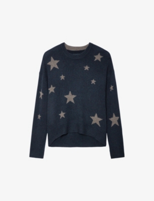 Shop Zadig & Voltaire Zadig&voltaire Womens Vert De Gris Markus Star-motif Relaxed-fit Cashmere Jumper