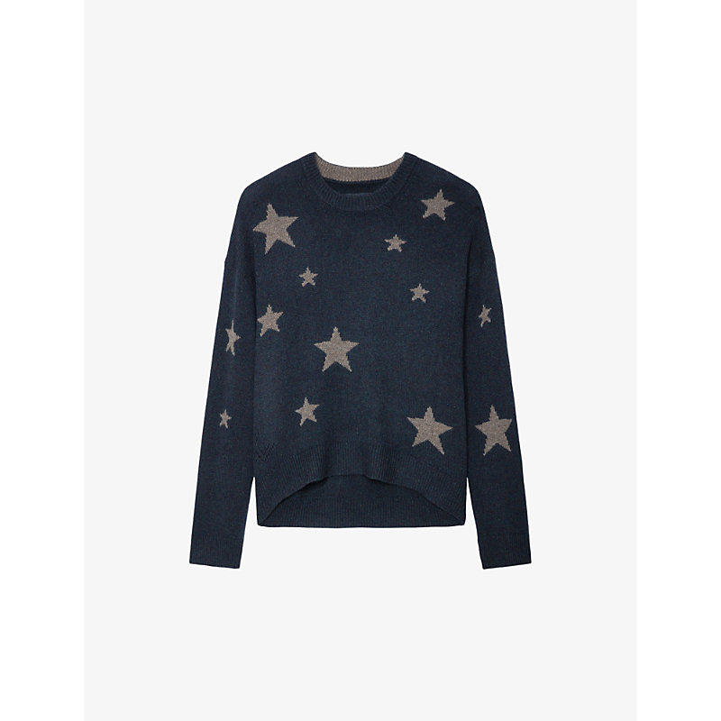 Shop Zadig & Voltaire Zadig&voltaire Women's Vert De Gris Markus Star-motif Relaxed-fit Cashmere Jumper