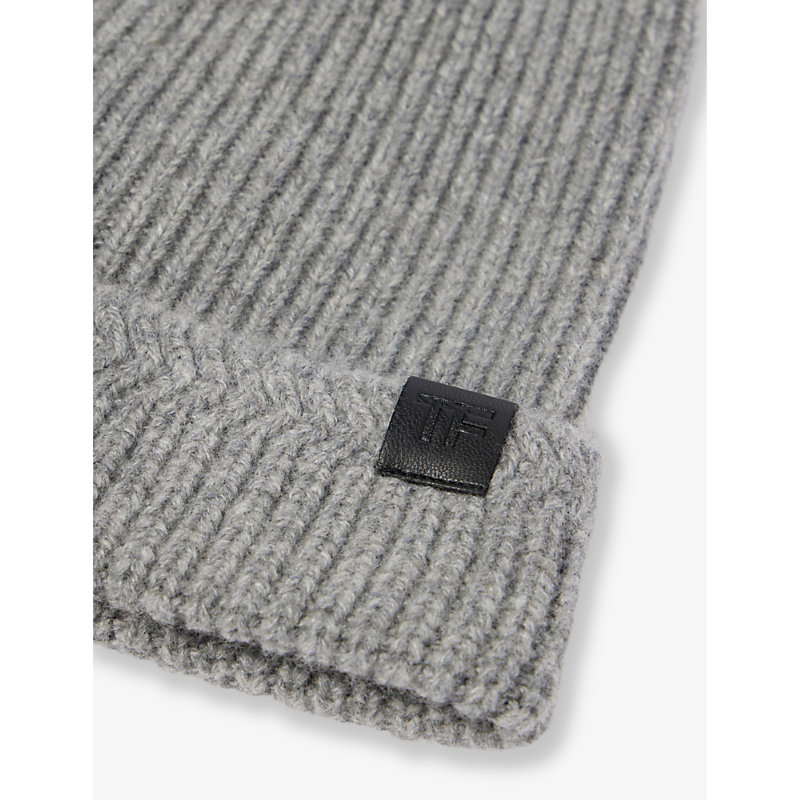 Shop Tom Ford Men's Grey Melange Branded-patch Wool And Cashmere-blend Beanie Hat