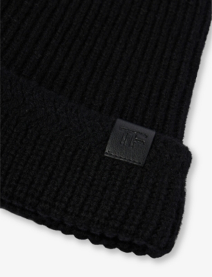 Shop Tom Ford Men's Black Branded-patch Wool And Cashmere-blend Beanie Hat