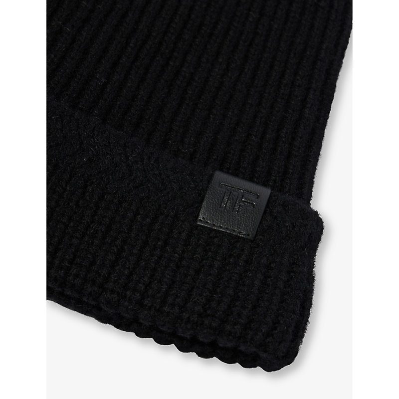 Shop Tom Ford Men's Black Branded-patch Wool And Cashmere-blend Beanie Hat