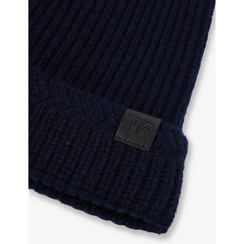 Shop Tom Ford Men's Blue Branded-patch Wool And Cashmere-blend Beanie Hat