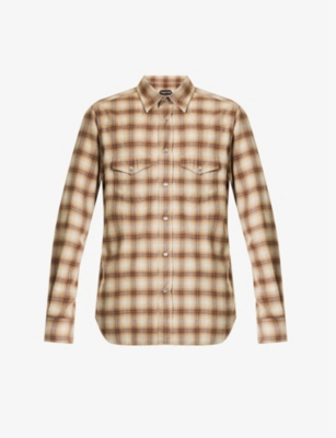 Tom Ford Mens Combo Brown Western Check-pattern Slim-fit Cotton-blend Shirt