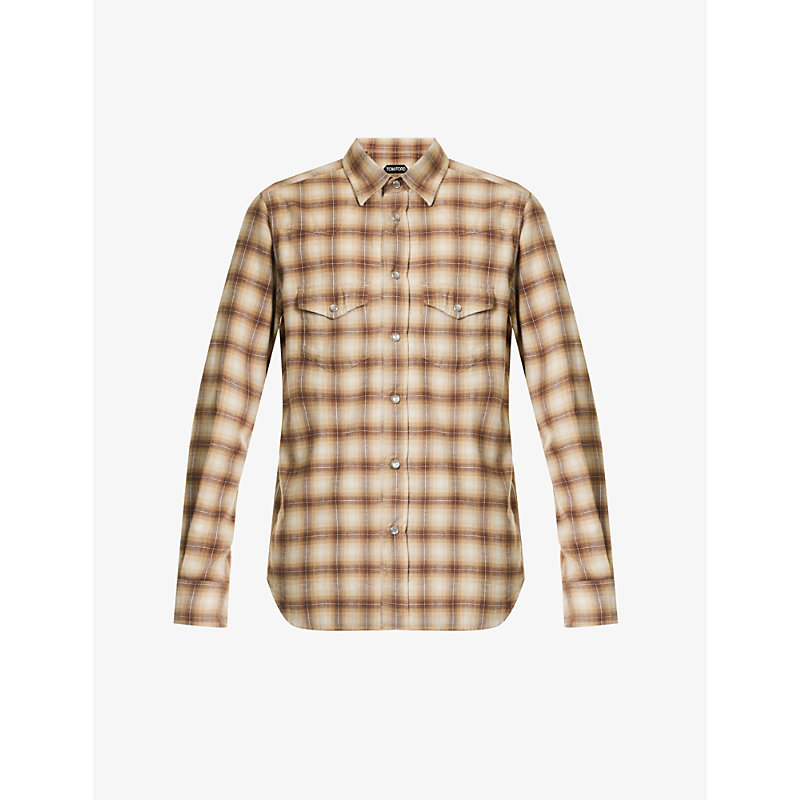 Tom Ford Mens Combo Brown Western Check-pattern Slim-fit Cotton-blend Shirt