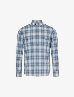 Shop Tom Ford Men's Combo Dark Blue White Grand Western Checked Regular-fit Cotton Shirt