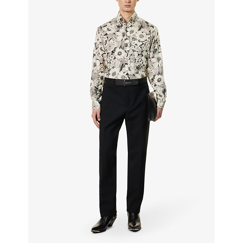 Shop Tom Ford Mens Combo White & Black Floral-print Button-down Collar Woven Shirt
