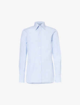 Shop Tom Ford Men's White & Light Blue Spread-collar Slim-fit Cotton-poplin Shirt