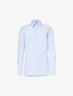 TOM FORD TOM FORD MEN'S WHITE & LIGHT BLUE SPREAD-COLLAR SLIM-FIT COTTON-POPLIN SHIRT