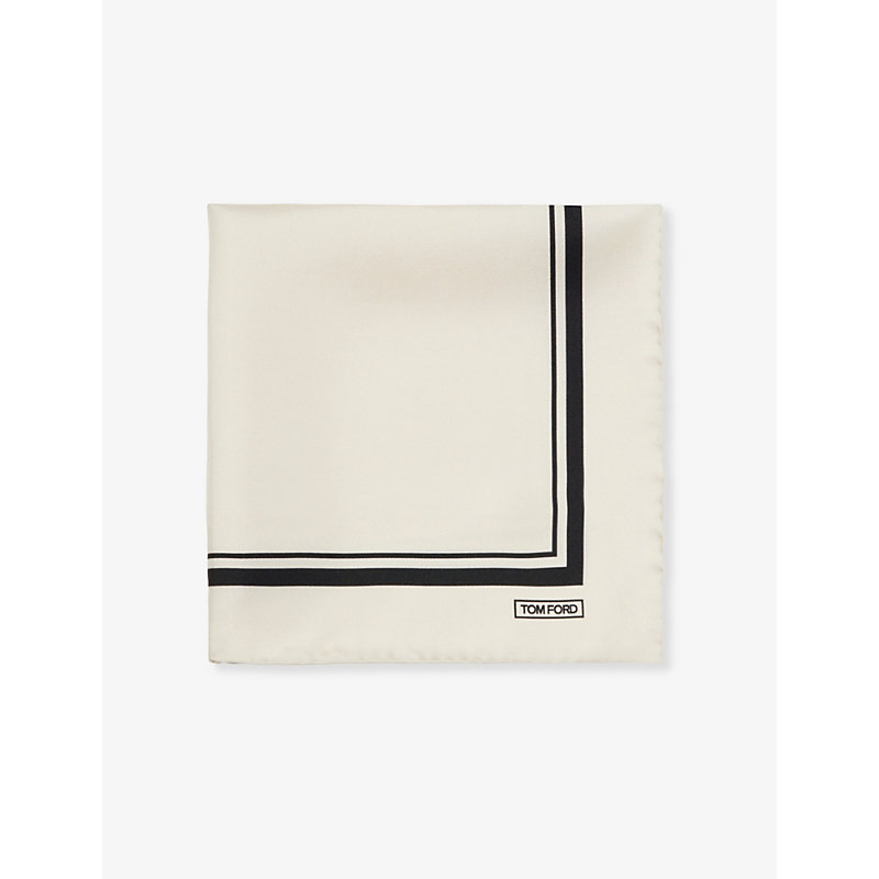 Tom Ford Mens Off White Brand-print Square Silk Pocket Square 39cm X 39cm