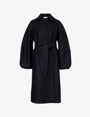 Shop Harris Wharf London Women's Navy Blue Puff-sleeve Belted Wool Coat