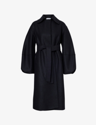 Shop Harris Wharf London Puff-sleeve Belted Wool Coat In Blue