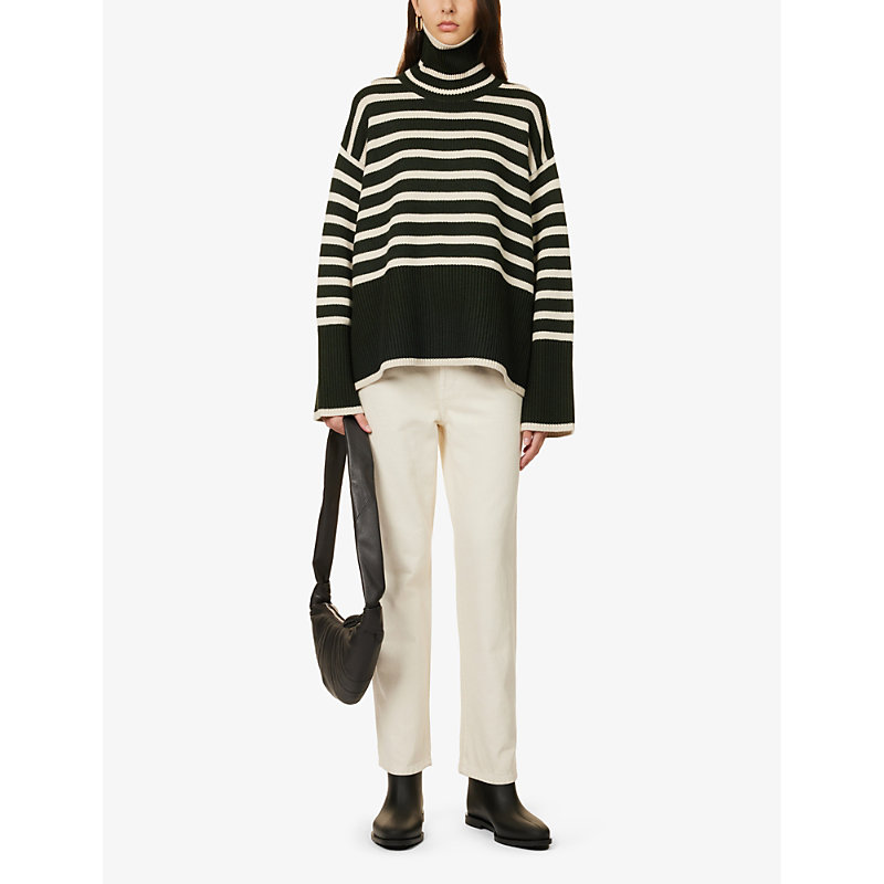 Shop Totême Toteme Womens Fir Green 013 Striped Turtleneck Wool And Organic Cotton-blend Knitted Jumper