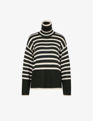 Shop Totême Striped Turtleneck Wool And Organic Cotton-blend Knitted Jumper In Green
