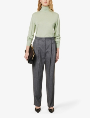 Shop Totême Structured-waist Tapered High-rise Recycled Wool-blend Trousers In Grey